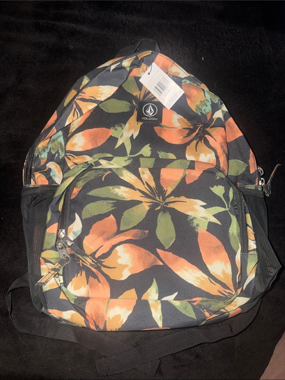 Volcom Black Backpack with Orange and Green Leaf Print